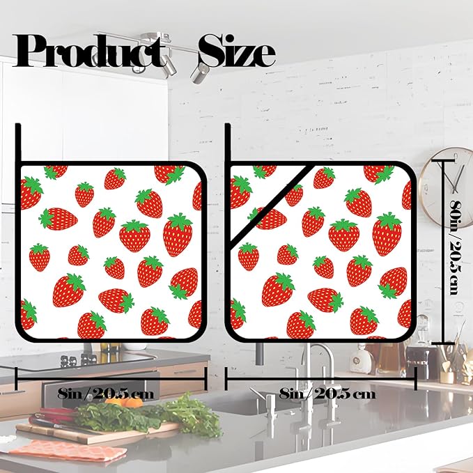 Cute Cartoon Strawberry Pot Holders Set of 2,Kitchen Heat Resistant Potholders for Microwave Cooking Baking Oven and BBQ Gifts for Women