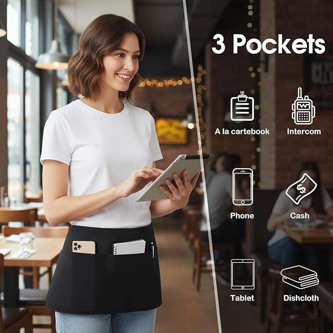BOHARERS 4 Pack Waitress Apron With 3 Pockets-Black Server Aprons-Waiter Short Half Waist Servers Apron