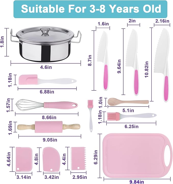 42 Piece Kids Real Cooking Set, Kids Knife Set, Baking Kit, Cookware, Play Pots and Pans, Mini Stainless Steel Pretend Play Cooking Toys, Apron and Chef Hat for Girls, Sensory Toys