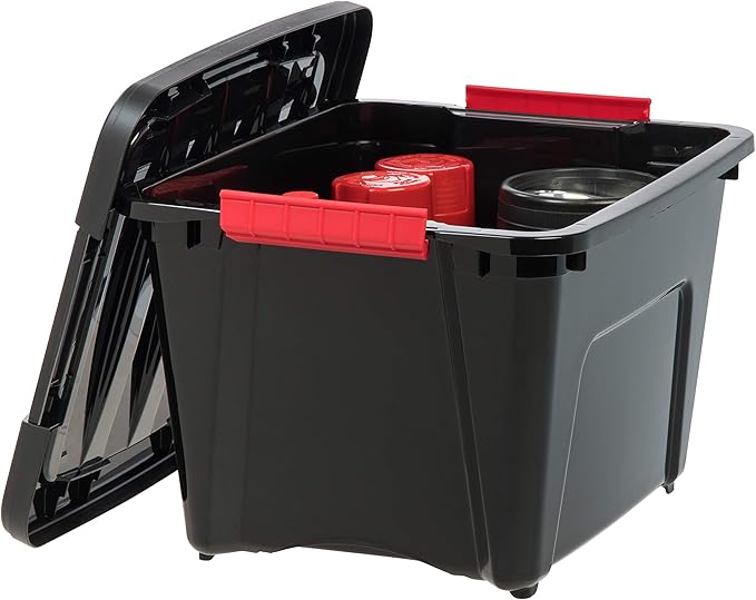 IRIS USA 19 QT Plastic Storage Box with Lid and Latches - 6 Pack - BPA-Free, Garage Organizing Solution, Durable Nestable Stackable Containers, Secure Pull Handle - Black