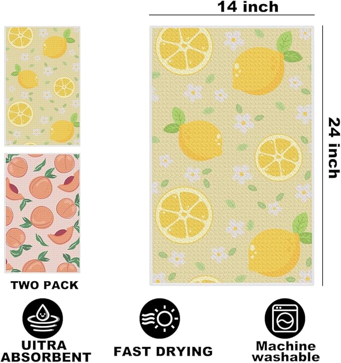 2Pcs Lemon Kitchen Towels, Pink Peach Absorbent Tea Towel Decor Reusable Dish Hand Towels Peach Lemon Lover Gifts for Cleaning Drying Women Mom Housewarming Gifts 14 x 24 Inch Kitchen Home Decor