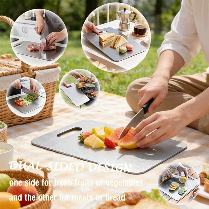 100% Pure Titanium Cutting Board Set of 3, Titanium Cutting Boards for Kitchen Dishwasher Safe, Food-Grade Metal Meat Chopping Board Mat for Cooking Tasks and Outdoor Charcuterie Party (S+M+L)