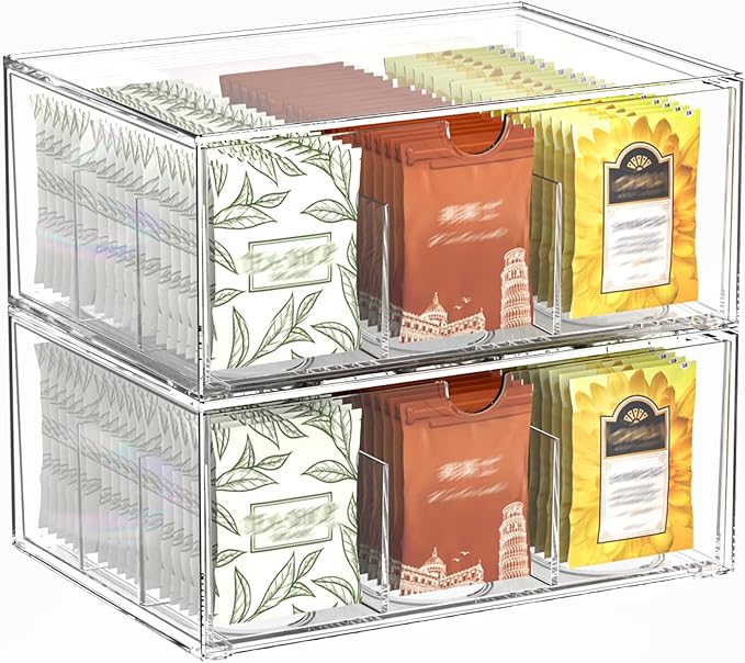 2 Pack Clear Tea Bag Organizer, Stackable Drawer Organizer with Dividers for Pantry Bathroom Vanity Kitchen - Cabinet Countertop Shelf Plastic Storage Bins for Coffee/Makeup/Cosmetic/Crafts/Jewelry