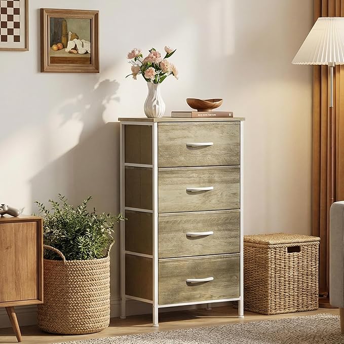 Sweetcrispy Nightstand Small Bedroom Dresser with 4 Fabric Drawers,Bed Side Furniture End Table,Wooden Top Cabinet Night Stand Dresser for Closet,Entryway,Dorm,Oak Greige
