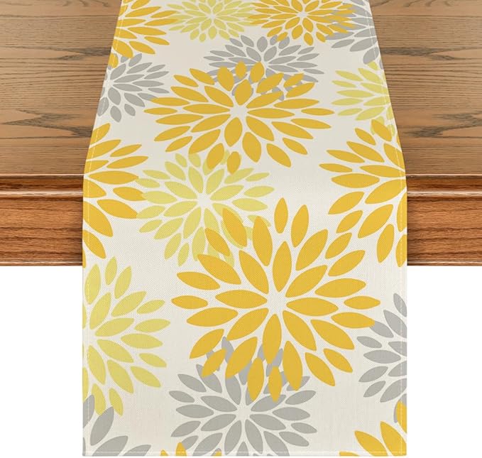 Artoid Mode Yellow Dahlia Floral Pinnata Summer Table Runner, Seasonal Spring Holiday Kitchen Dining Table Decoration for Home Party Decor 13x90 Inch