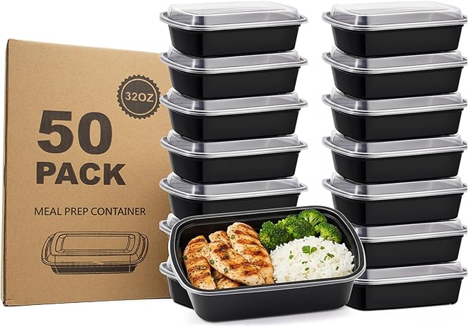 Uni-Pak Meal Prep Containers with Lids, Reusable 32oz Rectangle Food Storage, Sturdy Leakproof, Microwave Freezer Dishwasher Safe, To-Go Takeout Plastic Containers, 50 Pack (100-Piece) – 60816 60816