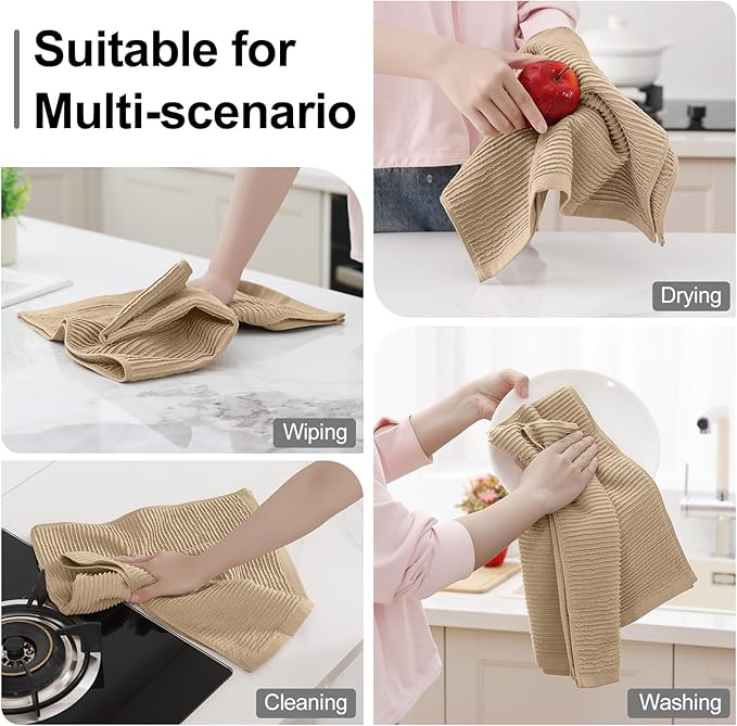 Homaxy Premium Kitchen Towels (18"x 28", 6 Pack), Large 100% Cotton Kitchen Hand Towels, Ultra Absorbent Ribbed Terry Tea Towels Set with Hanging Loop, Khaki