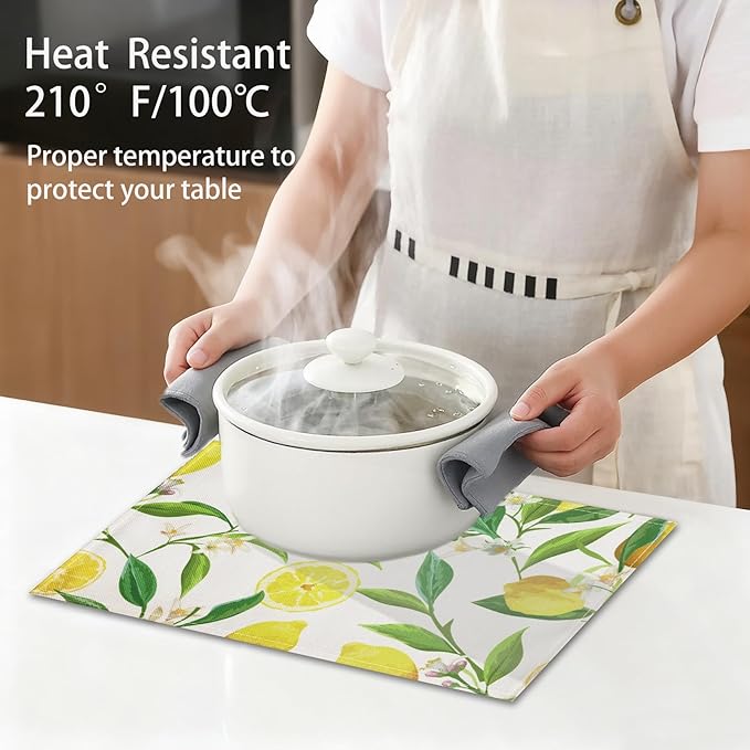 Lemon Table Placemats Set of 4 Place Mats Linen Washable Wipeable Placemats Heat Resistant Placemats Fabric Waterproof Rectangle Table Mat for Kitchen Dining Dinner 18 X 12 Inch, Lemon