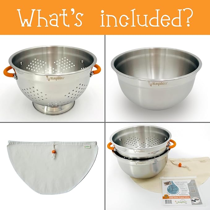 Greek Yogurt Strainer Set: Stainless Steel Colander & Bowl with Organic Cotton Strainer Pouch | Premium Greek Yogurt Maker, Large 5-Quart Size
