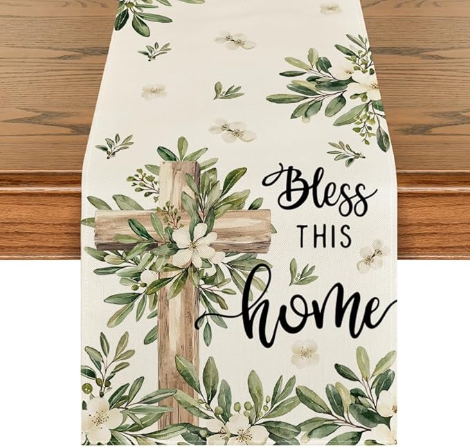 Artoid Mode Cross Olive Leaves Spring Table Runner,Seasonal Summer Easter Kitchen Dining Table Decoration for Home Party Decor 13x90 Inch