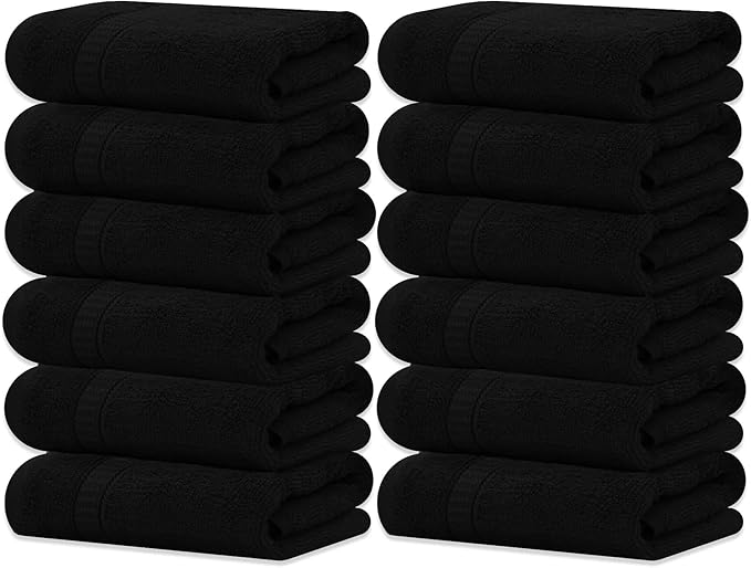 GOLD TEXTILES 100% Cotton Washcloth - 12 Pack | 13x13 inches | Black - Ultra Soft, Highly Absorbent, Long Lasting and Quick Drying - Hotel & Spa Collection Cool Feel Fingertip Towels