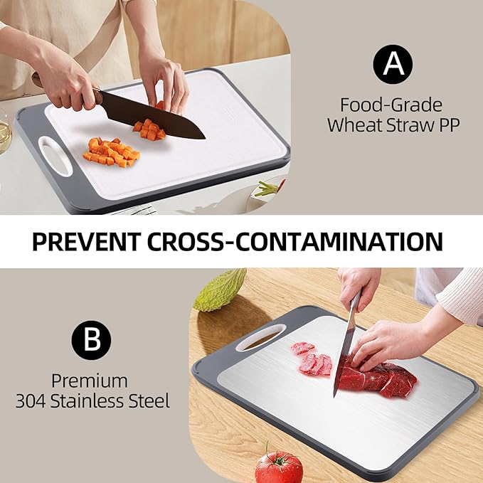 2 In 1 Cutting Boards Non Toxic for Gourmet Kitchen Aficionados - 304 Stainless Steel and Food Grade Wheat Straw Double Sided Design - Easy-Clean With Juice Groove (HQ-B002)