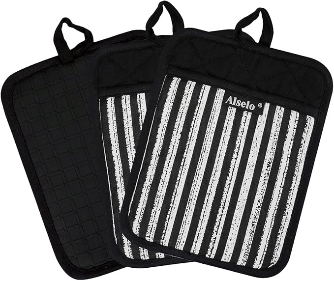 Alselo Silicone Pot Holders Set of 3 Heat Resistant & Non Slip Potholders, Professional Oven Hot Pads with Pockets Mitts for Kitchen Cooking Baking Barbecue (3, Black)