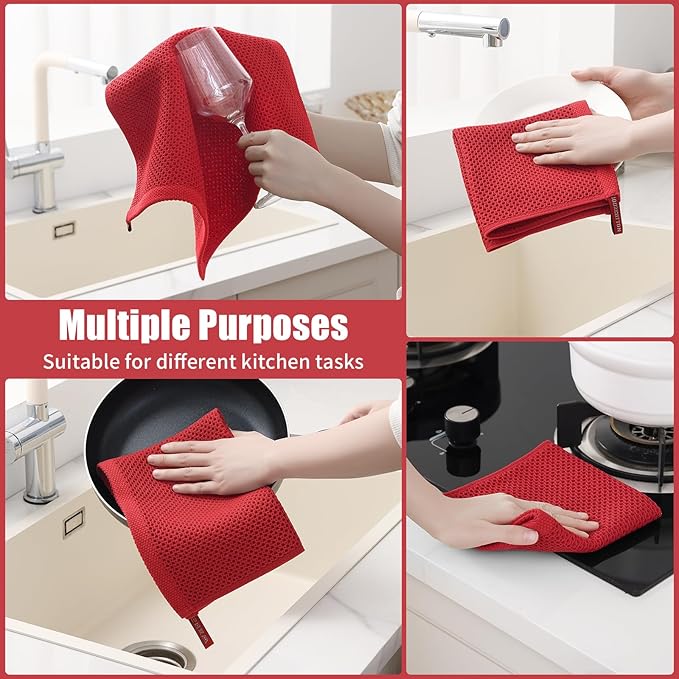 Kitinjoy 100% Cotton Kitchen Towels and Dishcloths Set, 10 Pack-13" x 28" and 12" x 12" Waffle Weave Dish Towels, Ultra Soft Absorbent Quick Drying Dish Rags, Red