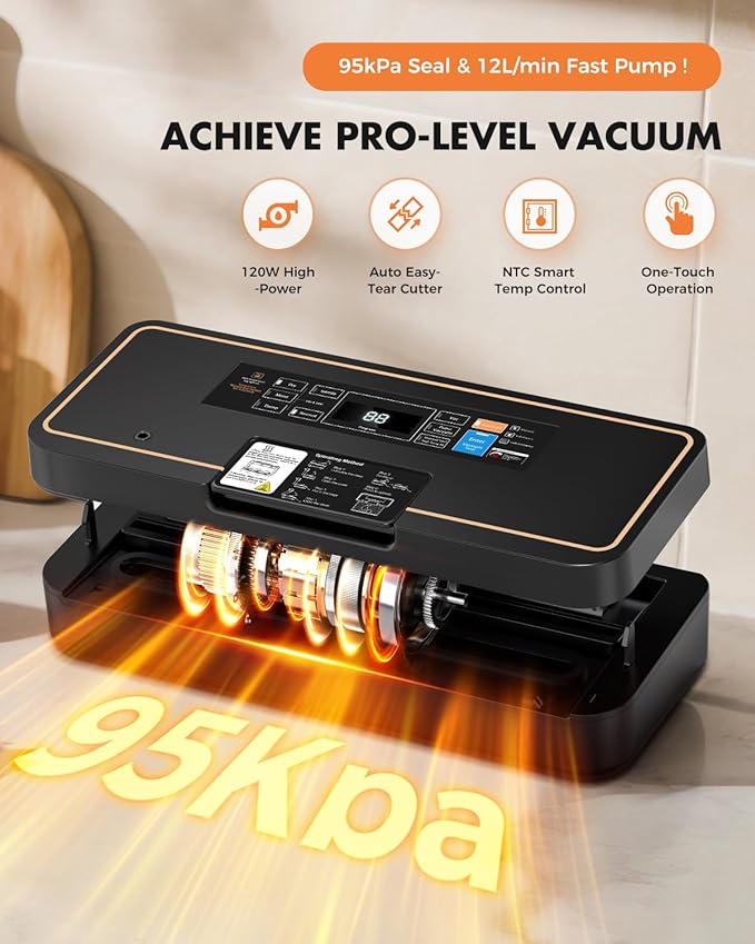 Vacuum Sealer for Food, 95kPa Food Saver Vacuum Sealer Machine, 135W Fast-Sealing with Easy Tear Cutter, Built-in Bag Storage, 9-in-1 Compact Food Vacuum Sealer Machine with 10 ft Bag Roll