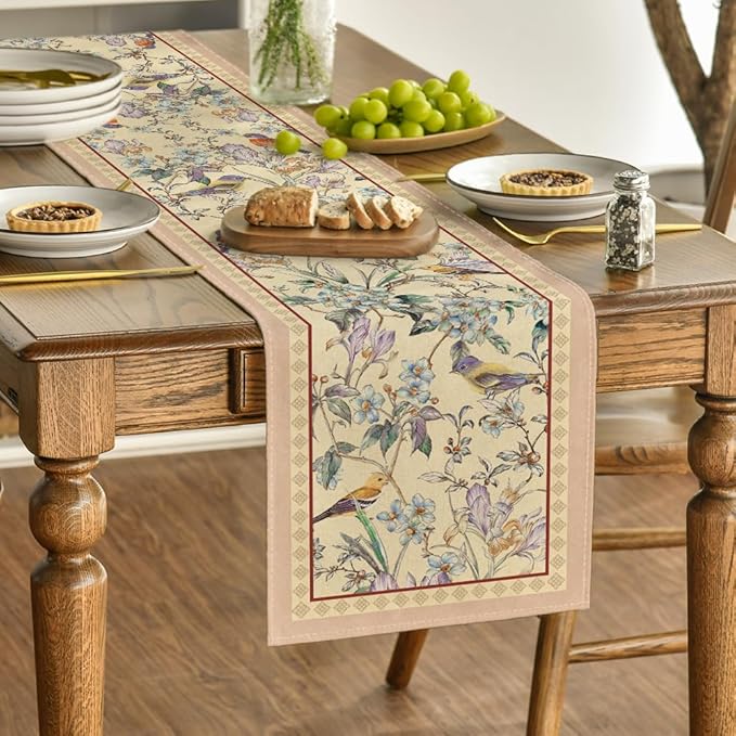 Artoid Mode Beige Birds Floral Blossom Table Runner, Seasonal Flowers Spring Kitchen Dining Table Decoration for Home Party Decor 13x72 Inch