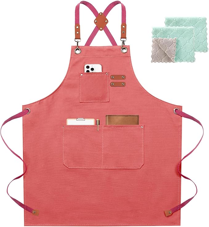 ZOMAO Chef Apron for Women Men with Large Pockets, Cotton Canvas Cross Back Waterproof Work Aprons for Kitchen Cooking Bib