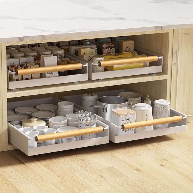 2 Pack No-Drill Pull Out Cabinet Organizer 15.3'' Deep Expandable Slide Out Drawers for Kitchen Pantry & Under Sink Storage, Adhesive Nano Film Mount, White