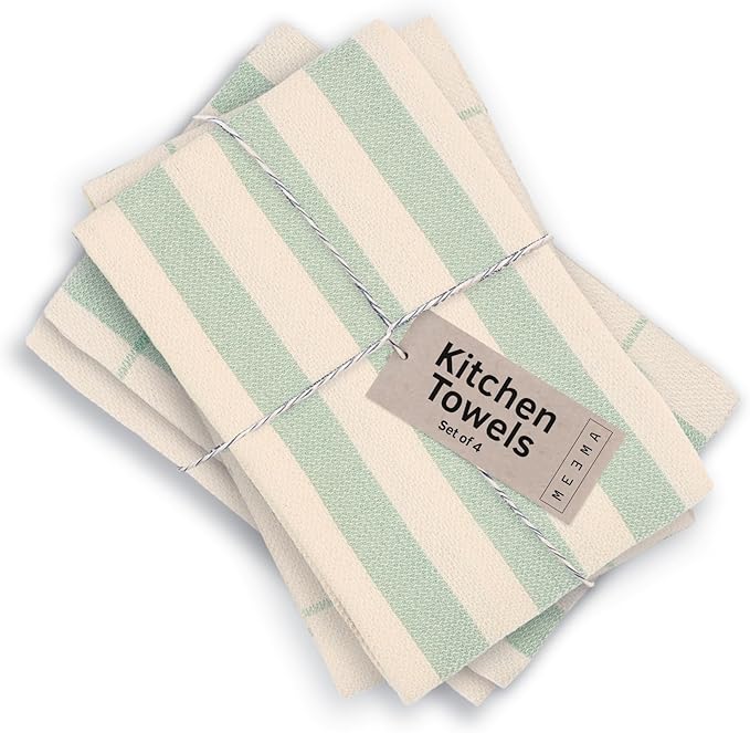 MEEMA Upcycled Spring Kitchen Towels Cotton Fabric | Super Absorbent Hand Towels with Hanging Loop | Cleaning Rags and Dish Towels for Kitchen | Sage Green Stripes | Large 18 x 28 Inch | 4-Pack