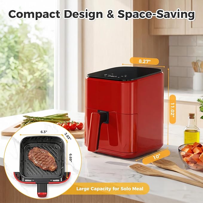 OLIXIS 3QT Air Fryer, Small Air Fryer with Digital PP Touch Panel, 400℉ Max Temp, Overheat Protection and Auto Shut-off, Nonstick and Dishwasher Safe Basket for Roast, Bake, Broil, Reheat, Red