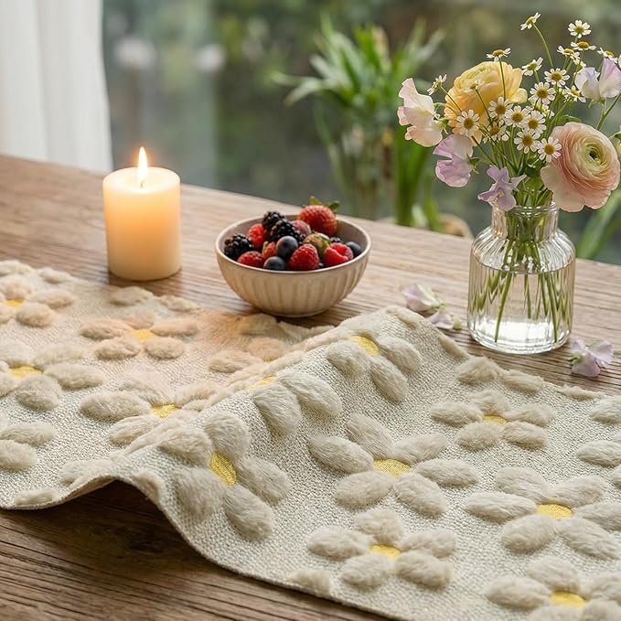 Artoid Mode Beige Soft Plush Faux Fur Jacquard Embroidery Daisy Spring Table Runner, Kitchen Dining Table Decoration for Home Party Decor 13x60 Inch