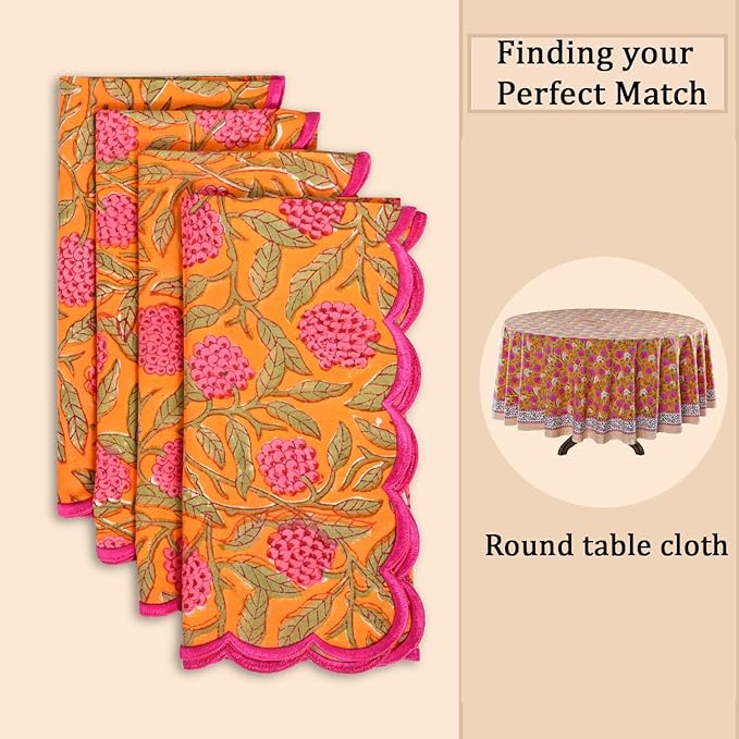 Ridhi Hand Block Print Bubblegum Pink 18" x 18" (Set of 4) Embroidery Table Napkins Reusable Cotton Dinner Napkins for Weddings, Parties, Everyday Dining Gift for Spring, Easter, Valentine