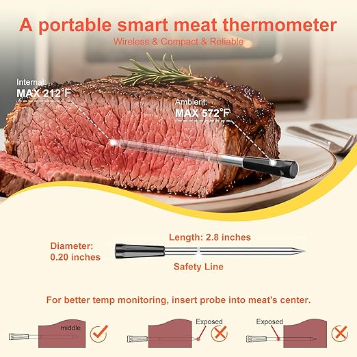 Smart Wireless Digital Meat Thermometer with Ceramic Probe, Food Thermometer Standalone Display Base 3000FT Range Real-time Monitoring ±0.5°F Accuracy,for BBQ/Oven/Grill/Smoker/Air Fryer