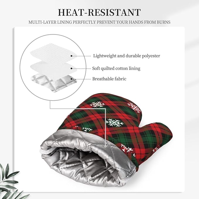 Red Green Plaids Oven Mitts and Pot Holders Set, 4pcs Retro Christmas Plaid Silicone Oven Glove for Kitchen Heat Resistant Oven Mitts and Potholders Non-Slip for Cooking