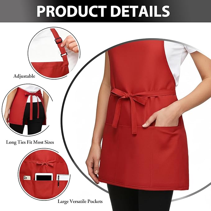 BOHARERS Kitchen Cooking Apron Unisex Adjustable chef apron with 3 pockets,1 Pack Red