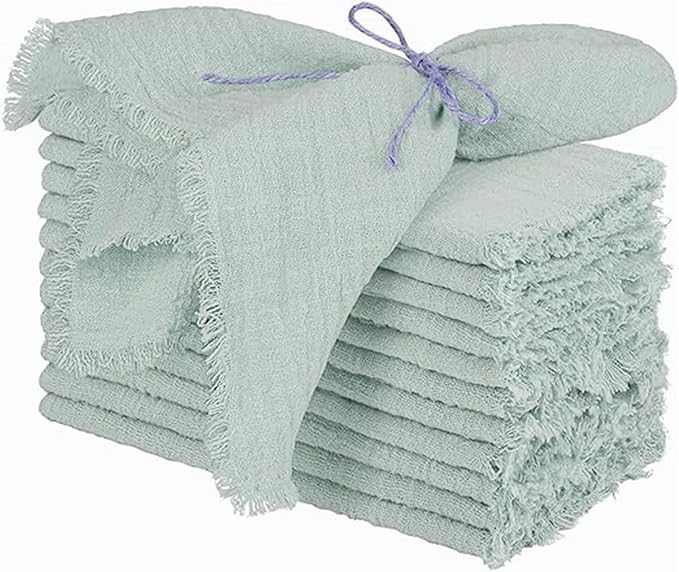 Cotton Blend Fringe Cloth Napkins - Crinkle Gauze Dinner Napkins, Reusable & Washable Table Napkins, 17" x 17" (43 x 43 cm), Multiple Colors, 12/24/48/100 Pack (12, Sage Green)