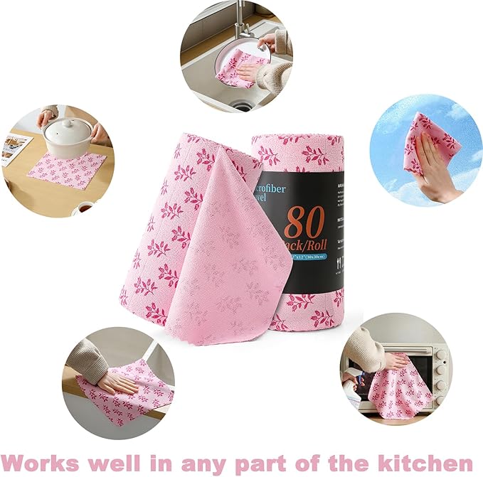 Microfiber Cleaning Cloth Roll,80 Pack Cleaning Towels,Lint Free Rags Paper Towels & Tear Away Reusable Towels,Washable Shop Rags Floral Wipe Cloth,Wash Cloths Dish Rags for Car Kitchen Window
