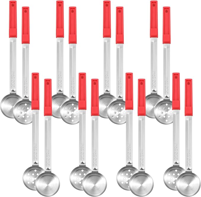 Teenyyou 16 Pcs Portion Control Serving Spoons, Restaurant Measuring Serving Ladle Utensils, Portion Control Slotted Scoops for Weight Loss, Solid and Perforated Scoops(Red,2 oz)