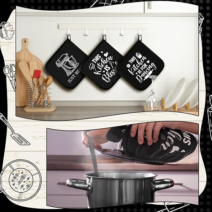 Bencailor 12 Pcs Pot Holders with Pocket Kitchen Hot Potholders Hot Pad Oven Mitts Cookie Bag Oven Gloves for Kitchen Gift Baking Cooking(Black and White,Kitchenware)