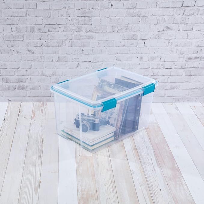 Sterilite 4-Pack 54 Quart Gasket Box, Home Storage Organizer Bins with Lids - Stackable Clear Plastic Containers for Bedroom, Bathroom, Garage, Basement, or Attic