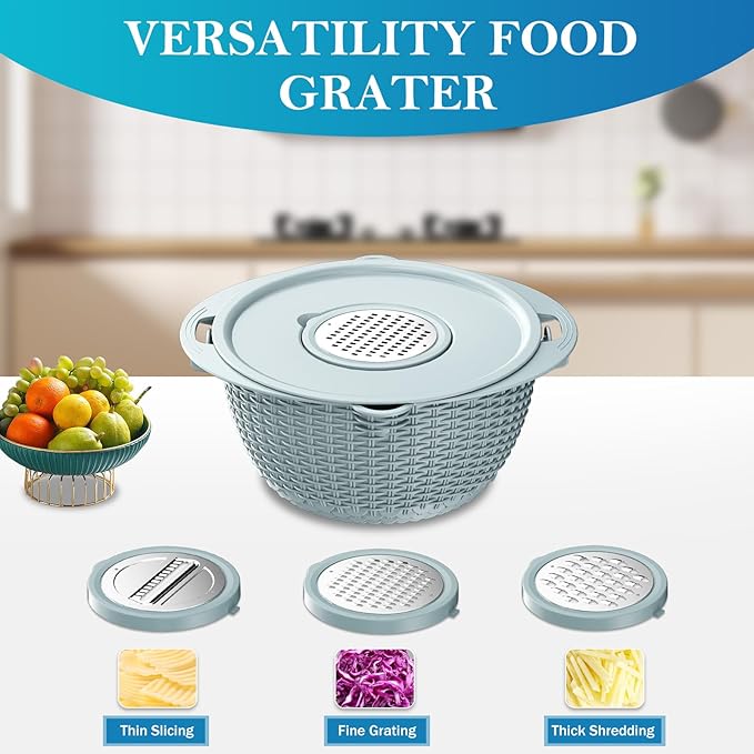 4 in 1 Colander with Mixing Bowl Set, Colander for Kitchen, Strainers and Colanders, Pasta Strainer, Fruit Cleaner, Veggie Wash, Aesthetic Kitchen Essentials - Blue