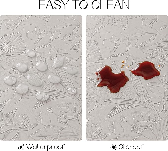 Romanstile Vinyl Placemats Set of 4-12 X 17 Inch - Heat Resistant Non-Slip Embossed Floral Place Mats 100% Waterproof Oilproof Wipeable Faux Leather Table Mats for Kitchen/Dining/Party, LightGrey