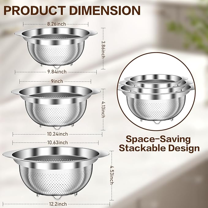 Stainless Steel Colander for Kitchen, Stainless Steel Strainer, Pasta Strainer for Spaghetti Fruit Cooking Food, 3 Pcs Strainers and Colanders(2QT, 3QT, 5QT), Dishwasher Safe, Kitchen Present