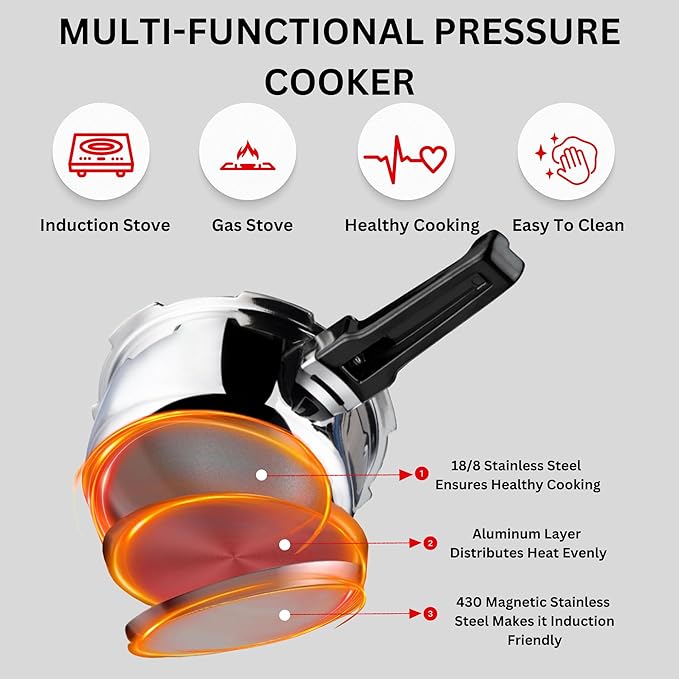 Vinod Platinum Triply Stainless Steel Pressure Cooker Outer Lid - 5 Litre | SAS Bottom Cooker | Induction and Gas Base Cooker | ISI and CE certified