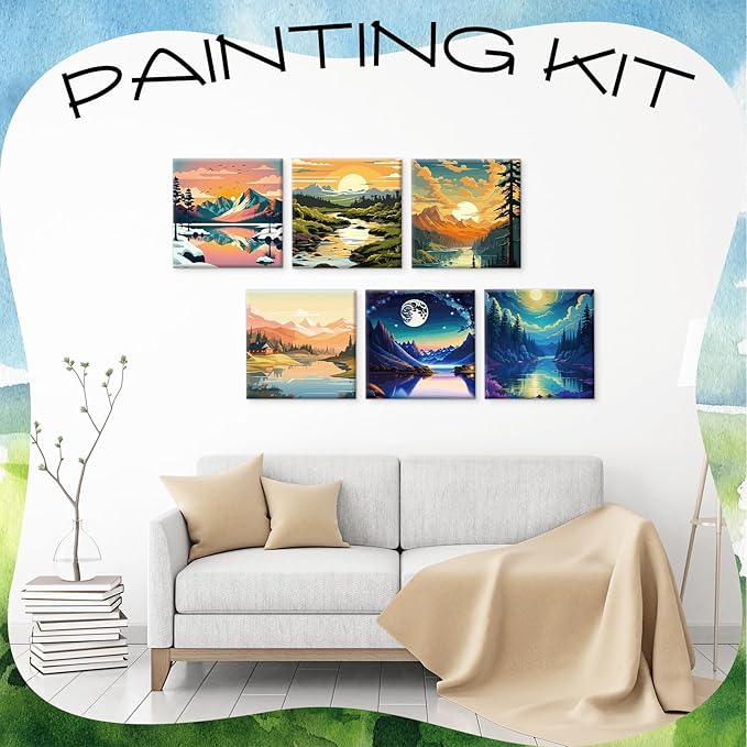 Motipuns 12 Set Pre Drawn Canvas for Painting for Adults Sip and Paint Kit with Easels 8 x 10 Inches Paint Party Kit with Printed Canvas Paints Brushes Palette Bag Apron(Landscape)