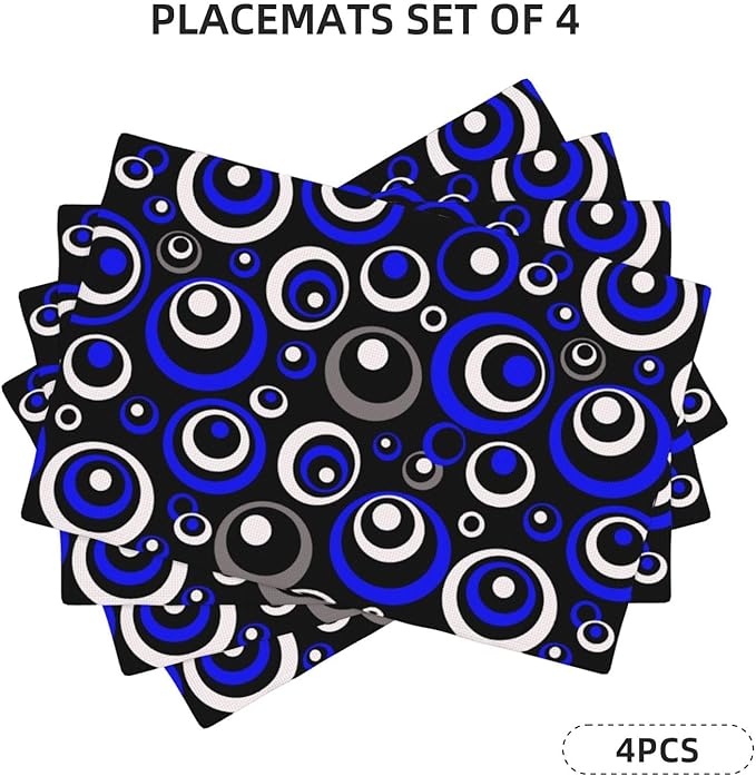 Blue Black Geometric Circle Linen Placemats Set of 4, Washable Heat Resistant Table Mats for Dining Table Kitchen, Tech - Themed Party Wedding Outdoor Holiday, Modern Home Decor, 12" x 18" Place Mats