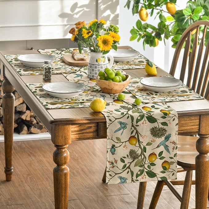 Artoid Mode Brown Lemon Tree Bird Flower Summer Placemats Set of 4,12x18 Inch Seasonal Spring Table Mats for Party Kitchen Dining Decoration