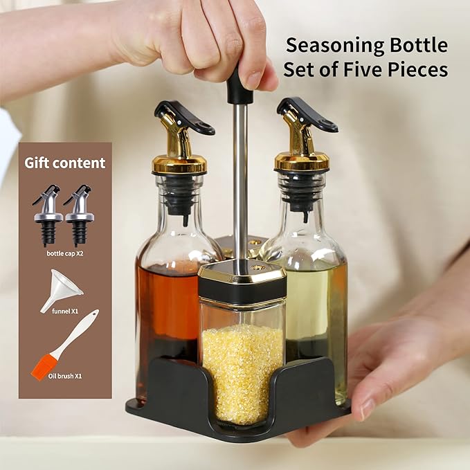 Oil and Vinegar Dispenser Set with Caddy, Glass Bottle Seasoning Pepper Salt Dispenser Oil Spouts Oil Funnel Brush Kit