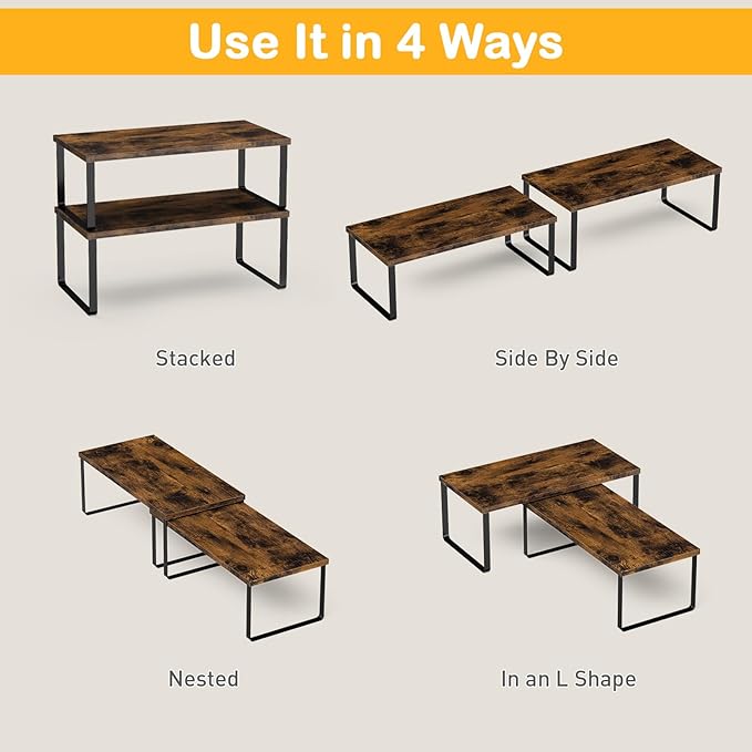 OGEMXU Cabinet Shelf Organizers, 15.7 inches Large Kitchen Counter Shelf, Set of 2 Wood Kitchen Pantry Organizer, Storage Shelves for Countertop, Spice Rack, Stackable, Expandable, Metal Black, Brown
