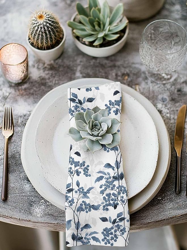 Blue Floral Plant Cloth Napkins Set of 6 - Washable Dinner Napkins Reusable Table Napkins for Home Party Weeding Dining Table Setting Decor,Oversized Grey Modern Minimalist White Floral Spring Summer