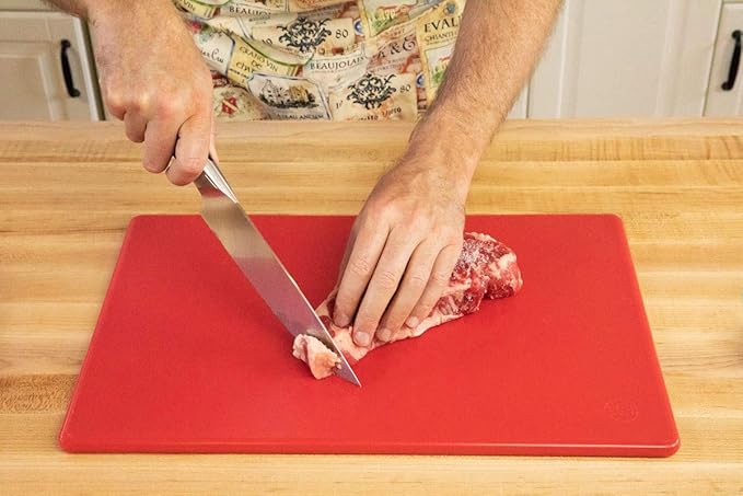 Commercial Grade 18 x 12 Red Cutting Board for Meat - Superior to HDPE Plastic - 0.5 Inch Thick Poly for Food Service, Dishwasher Safe