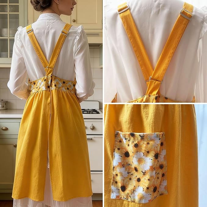 Uaussi Cotton Linen Apron Cross Back Work Apron for Women with Pockets Pinafore Dress X Cross Halter Apron for Chef Gardening