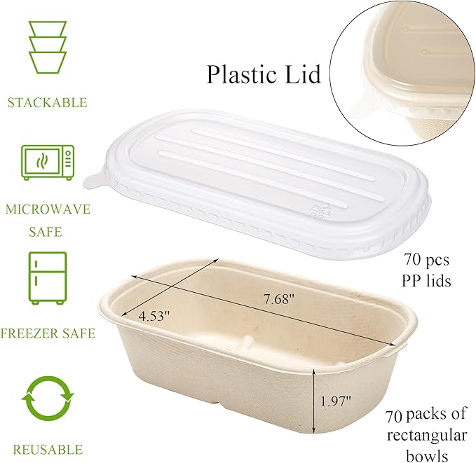 Yesland 70 Pack Compostable Take Out Food Containers with PP Lid, 23 Oz Bagasse to Go Containers Rectangular Disposable Paper Bowls, Biodegradable Meal Prep Food Container for Salad, Leftovers