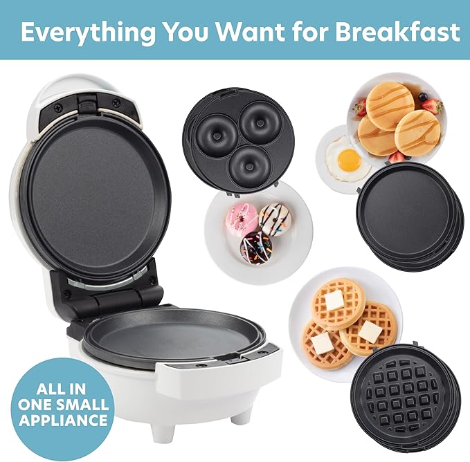 3 in 1 Mini Breakfast Maker- Make Mini Waffles Donuts Pancakes or Eggs all in 1 Multi Use Appliance- Easily Swap & Clean Interchangeable Griddle Plates- Small Electric Nonstick Baker with Recipe Guide