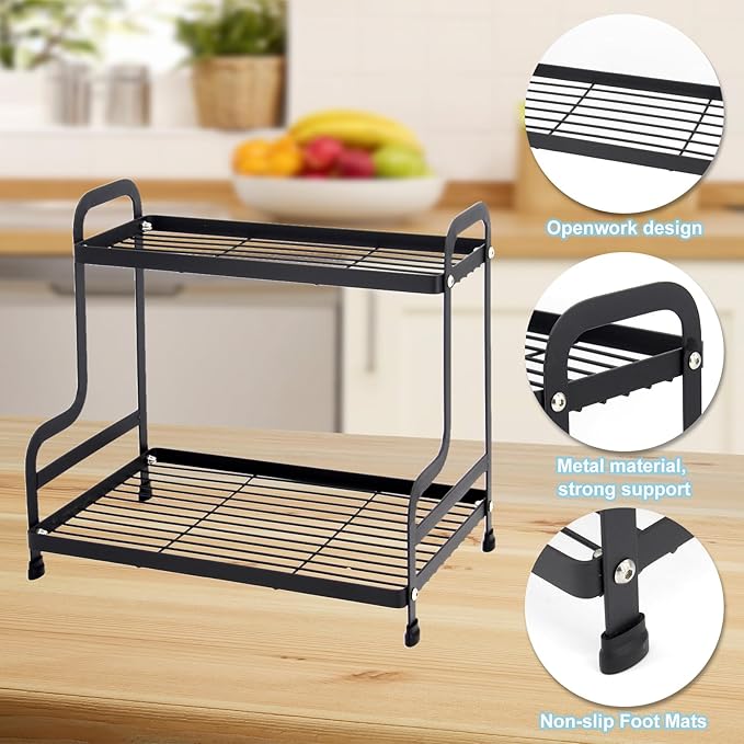 2-Tier Metal Countertop Organizer – Standing Shelf for Bathroom and Kitchen Storage Under Sink, Organizing Cosmetics and Spices-Black