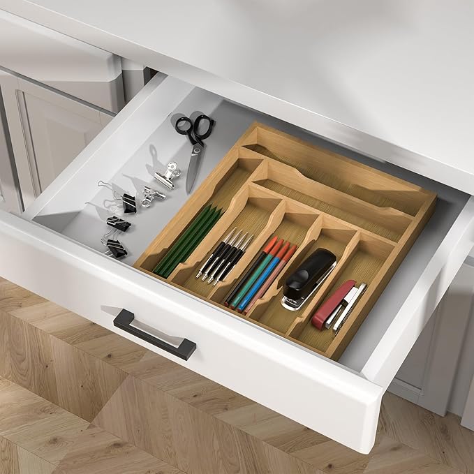 Bamboo Silverware Organizer Drawer Tray, 7-Compartment Utensil Drawer Organizer for Kitchen & Office, Flatware Holder for Forks, Spoons, Cutlery